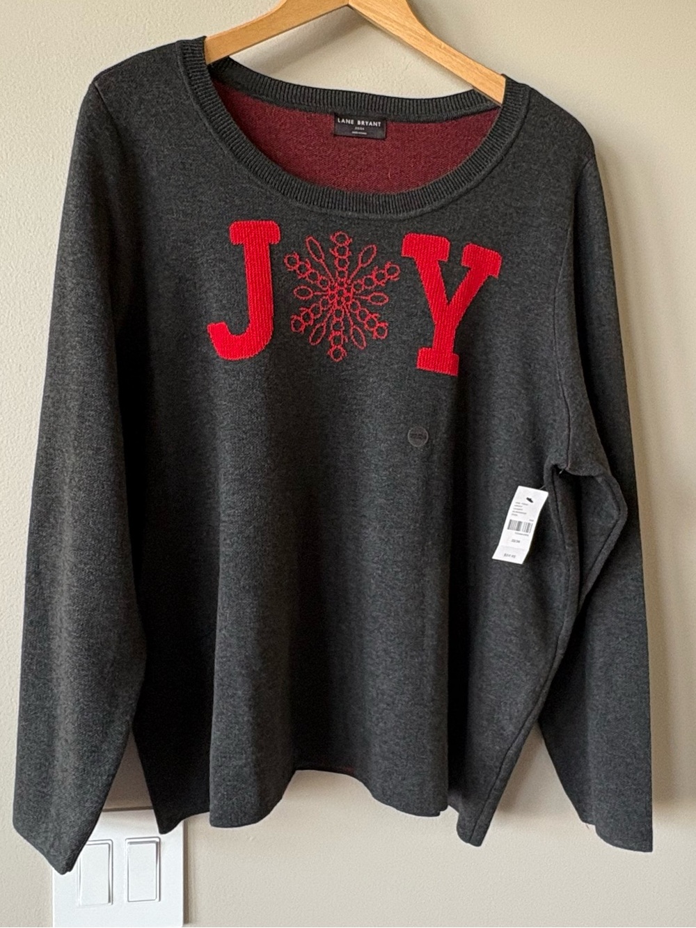 Lane Bryant Charcoal Crewneck Sweater with Red 'JOY' Accent